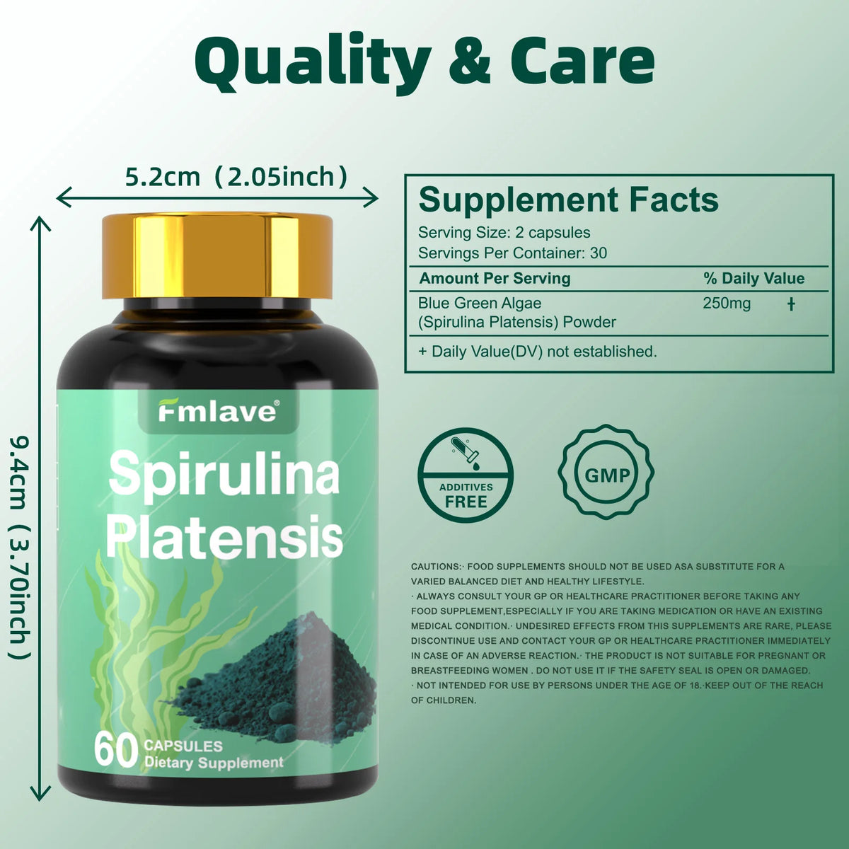 Fmlave Supplements Organic Spirulina - Protein Rich Blue Green Algae Superfood Supplement for Energy and Immune Support, 60 Vegetarian Capsules