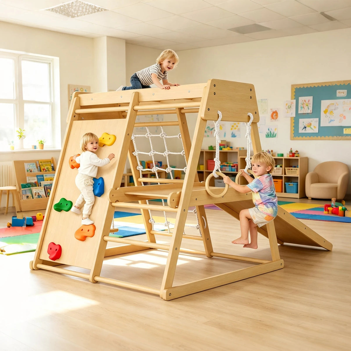 6 In 1 Wooden Indoor Jungle Gym For Kids, Slide Climber Playset With Monkey Bars, Rock Wall, Rope Net, Rings & Ladder For Home