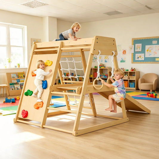 6 In 1 Wooden Indoor Jungle Gym For Kids, Slide Climber Playset With Monkey Bars, Rock Wall, Rope Net, Rings & Ladder For Home