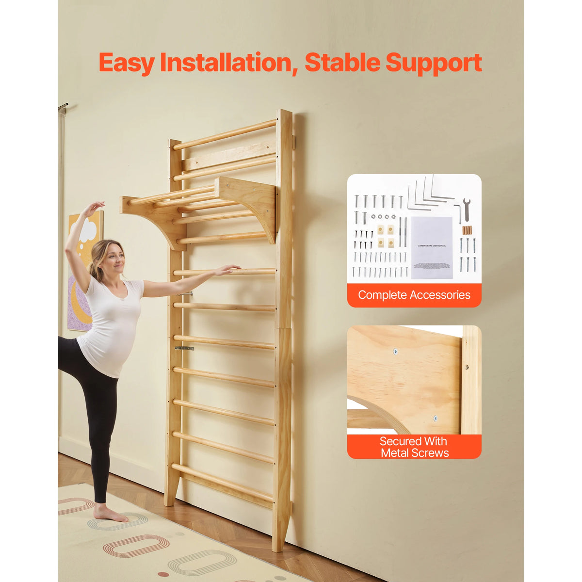 VEVOR 220lbs Swedish Ladder Wall Gym Solid Wood Indoor Jungle Gym for Kid Gymnastic Stall Bars w/ Pull-Up Bar for Boys Girls