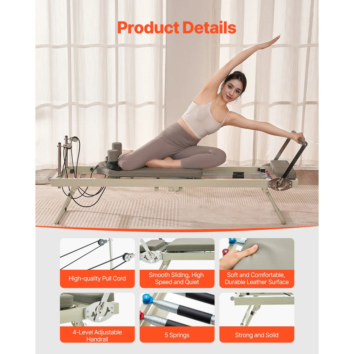 SucceBuy Foldable Pilates Reformer Pilates Workout Machine for Home Gym Studio Use Pilates Bed with Dual Resistance-Spring&Cord