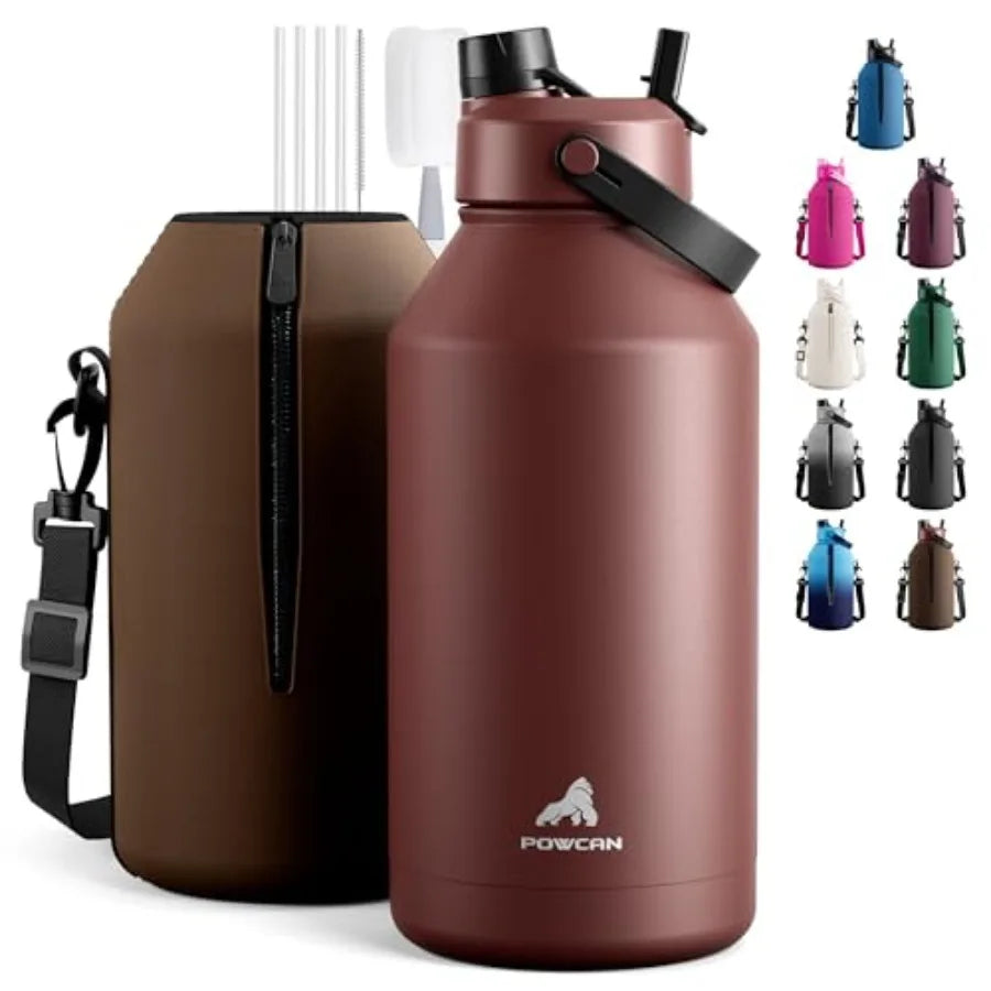 64 oz Insulated Water Bottle with 2-in-1 Straw and Spout Lid, Leakproof, Carrier Bag, Cleaning Brush, BPA-Free, Metal Water Bot