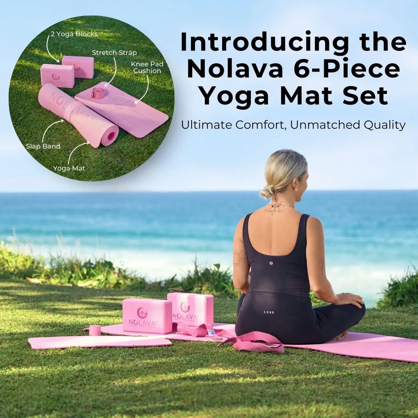 72"x24" Yoga Mat with Bag – Non-Slip 1/4" Thick – Includes Blocks, Strap & Kneeling Pad