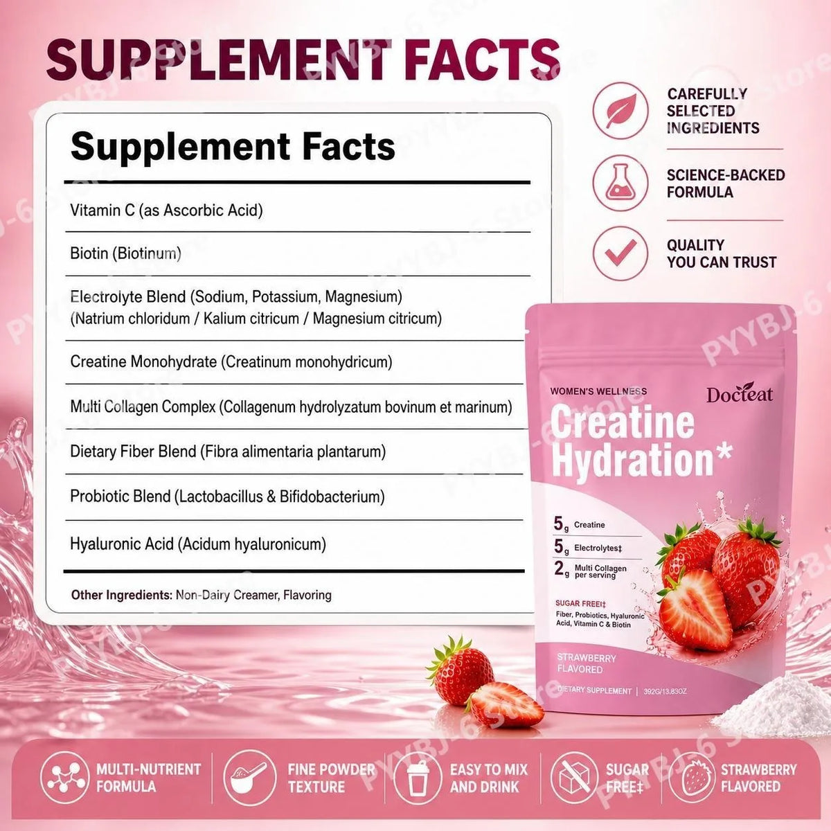 Docteat Creatine Powder Electrolytes Collagen Vitamin C Biotin Sugar Free Strawberry Flavor Women Fitness Wellness 30 Servings