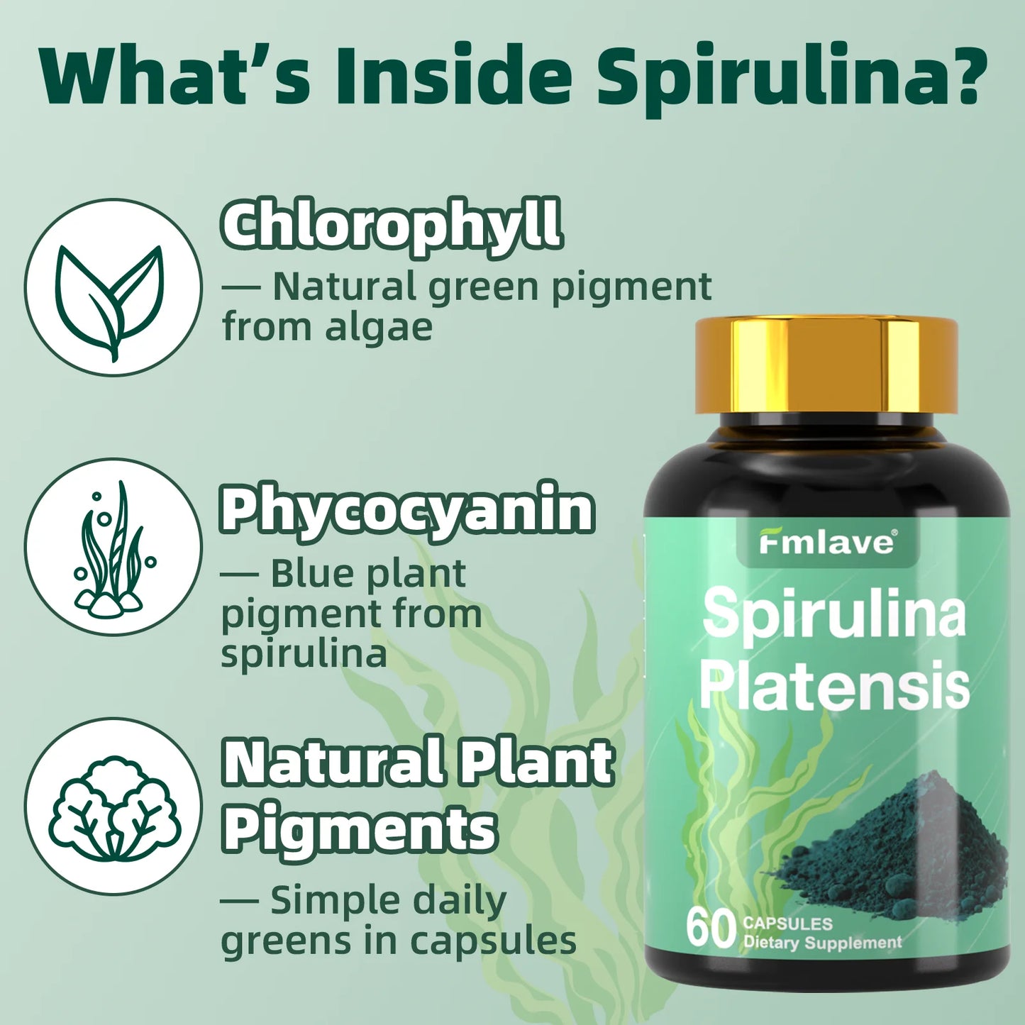 Fmlave Supplements Organic Spirulina - Protein Rich Blue Green Algae Superfood Supplement for Energy and Immune Support, 60 Vegetarian Capsules