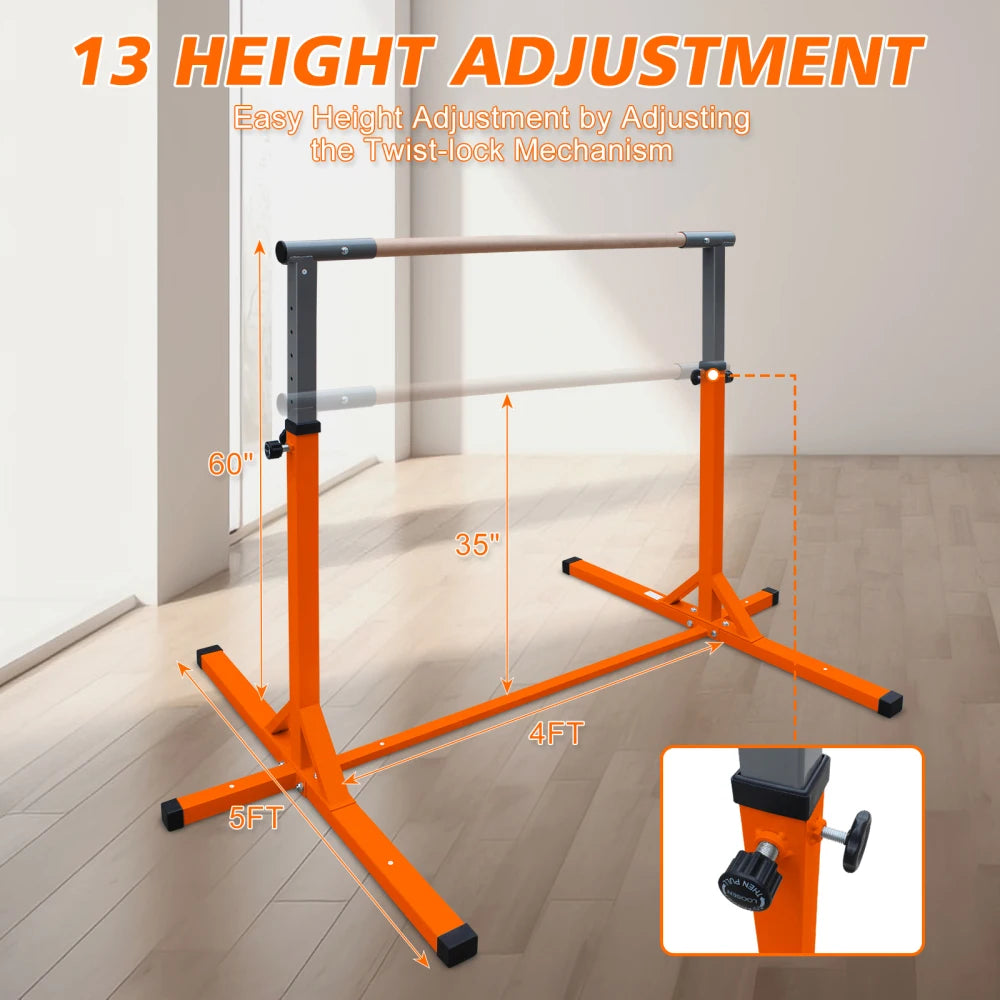Adjustable Height Orange Gymnastics Bar for Kids Aged 3+ for Home Junior Training Kip Bar