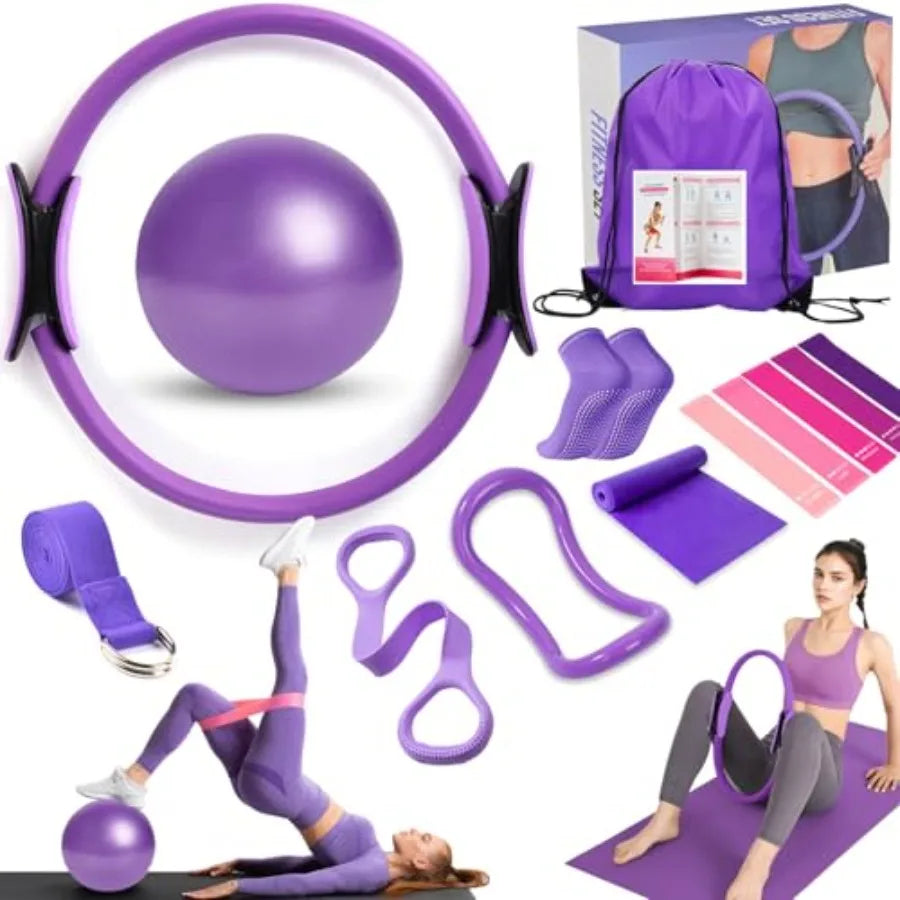 Pilates Ring Equipment Set, Home Pilates Kit for Women with 13'' Magic Ring with Dual Padded Handles, Small Pilates Ball, 5 Res