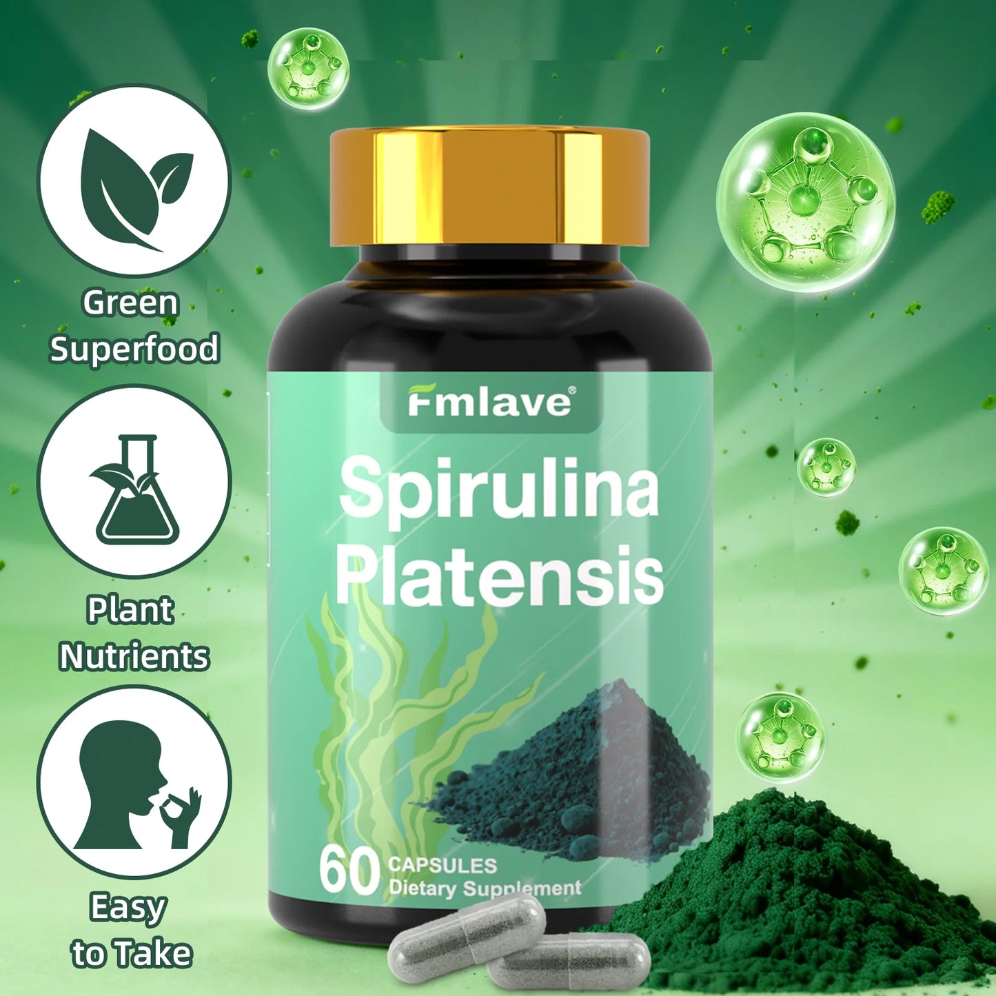Fmlave Supplements Organic Spirulina - Protein Rich Blue Green Algae Superfood Supplement for Energy and Immune Support, 60 Vegetarian Capsules