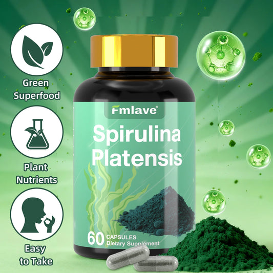 Fmlave Supplements Organic Spirulina - Protein Rich Blue Green Algae Superfood Supplement for Energy and Immune Support, 60 Vegetarian Capsules