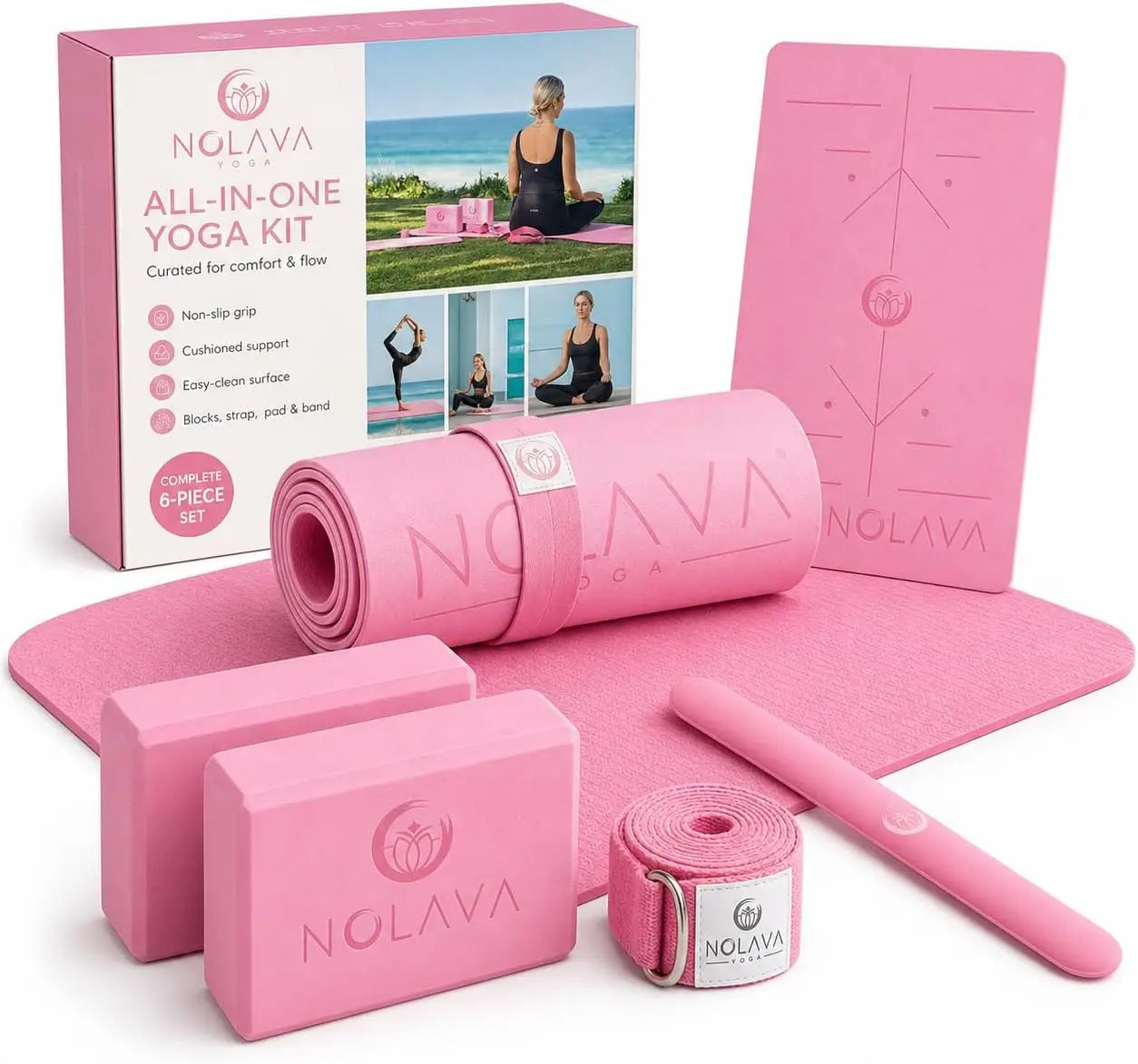 72"x24" Yoga Mat with Bag – Non-Slip 1/4" Thick – Includes Blocks, Strap & Kneeling Pad