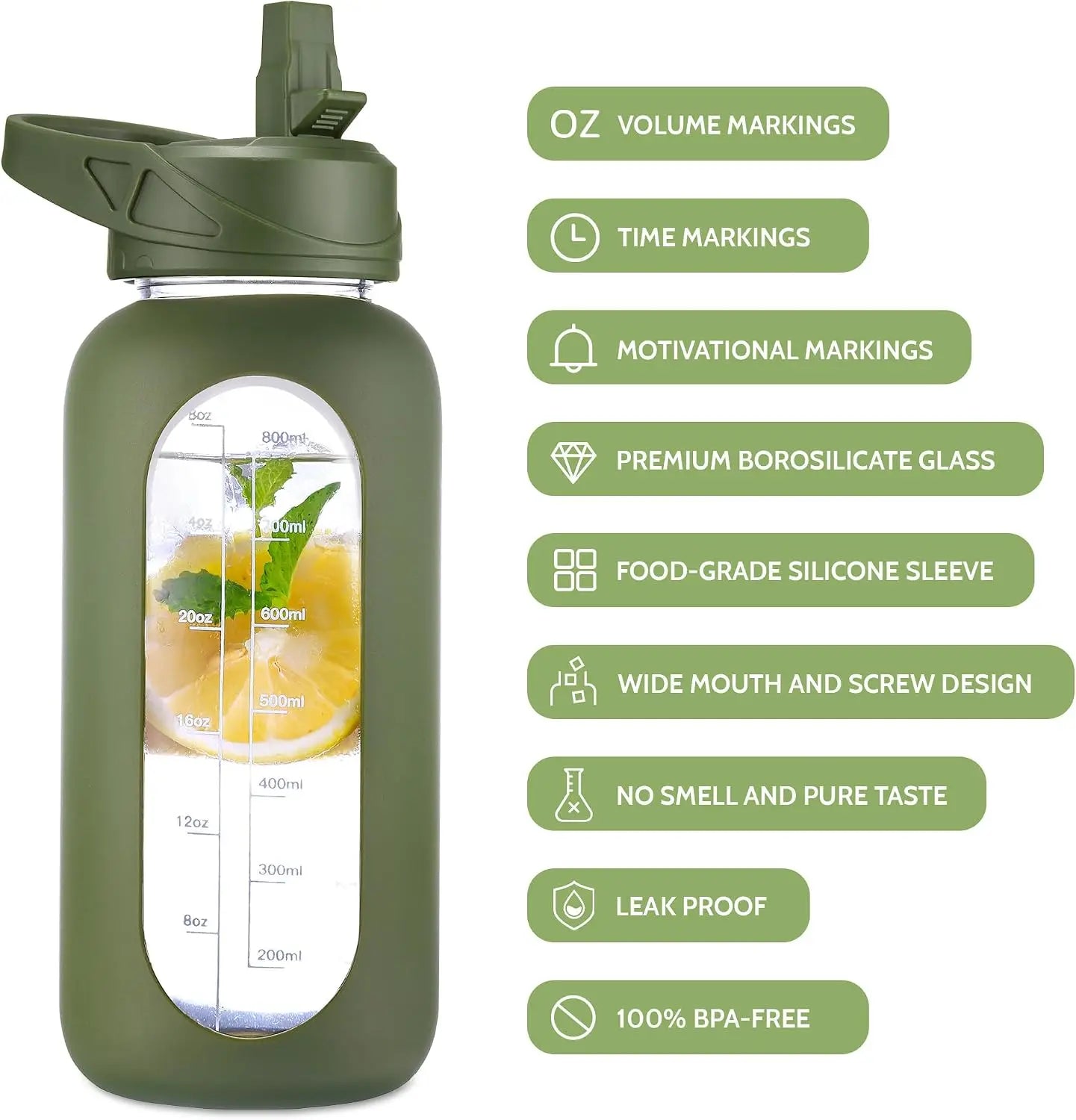 64 oz Glass Water Bottle with Straw, Time Marker, Insulated Holder, 2 Lids