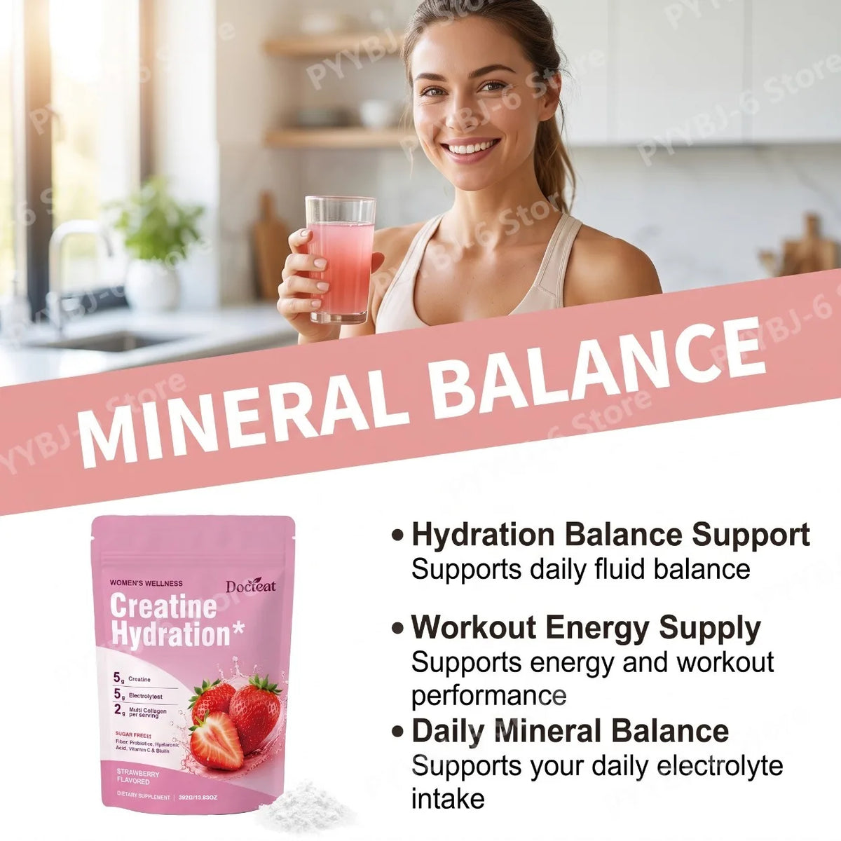 Docteat Creatine Powder Electrolytes Collagen Vitamin C Biotin Sugar Free Strawberry Flavor Women Fitness Wellness 30 Servings