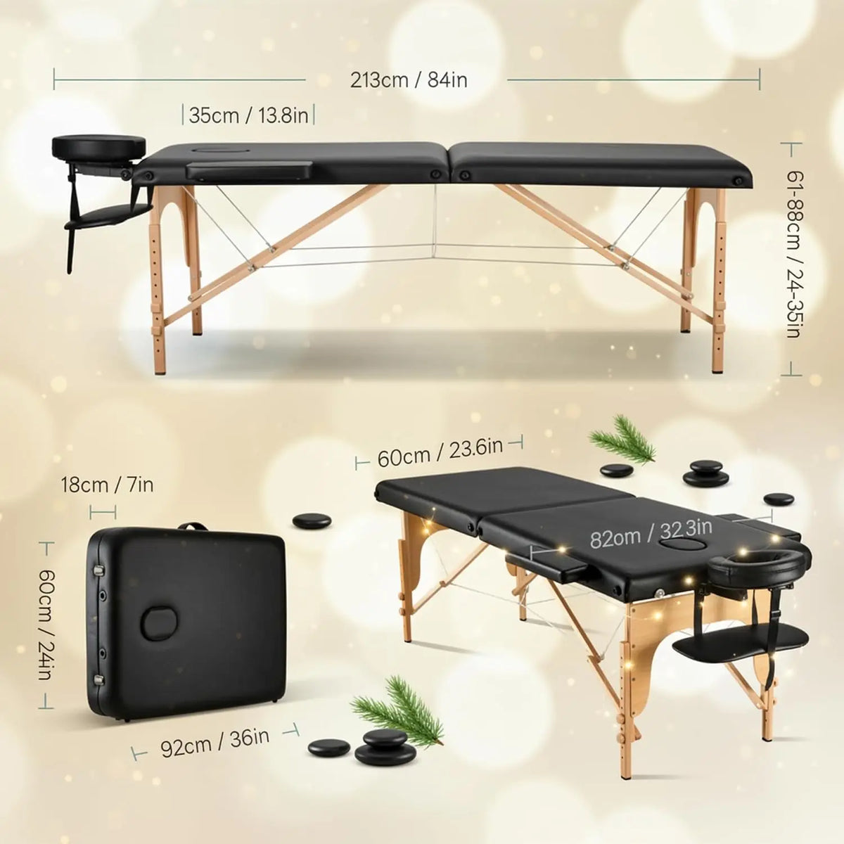 Massage Table Portable Wooden Lash Bed 24" Wide Massage Bed Foldable Beauty Spa Tattoo Face Cradle Adjustable, Customized