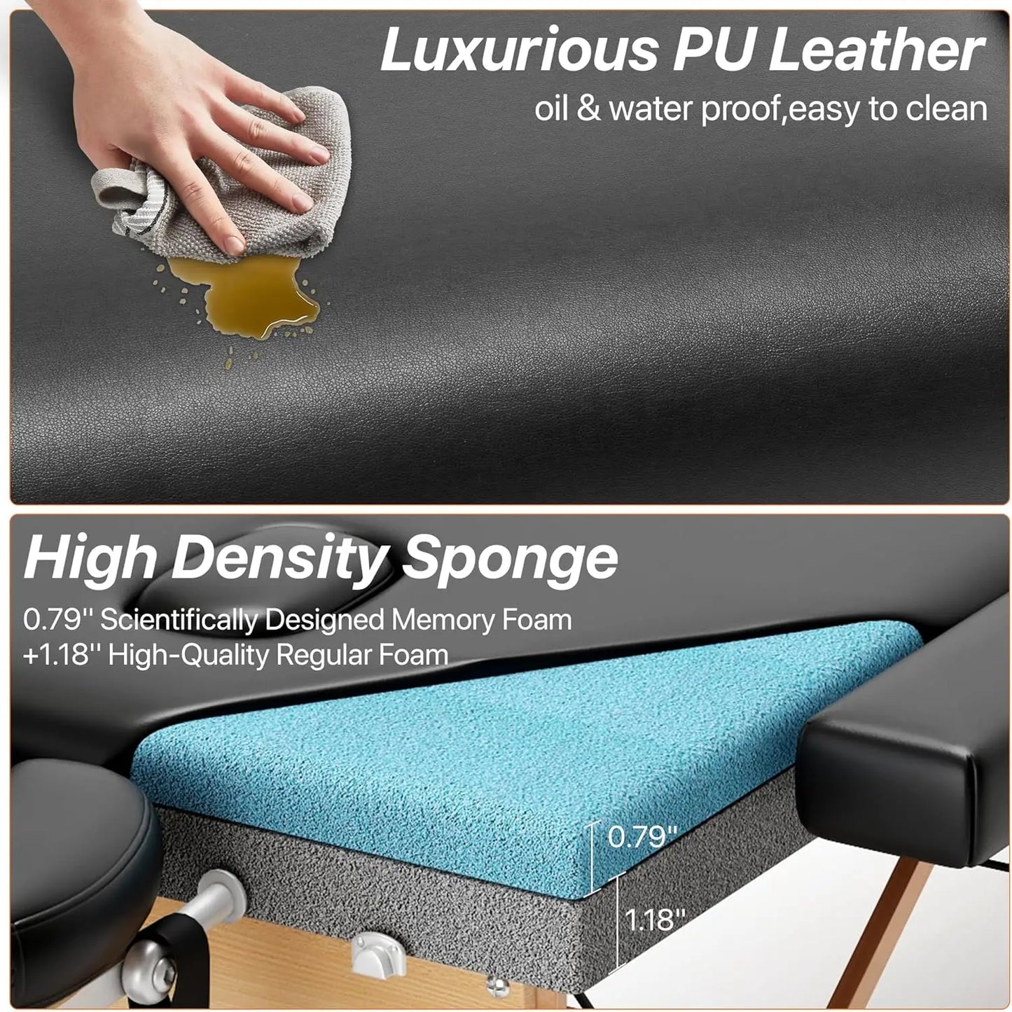 Memory Foam Massage Table, Portable Foldable, Height Adjustable, 84"L x 28"W, Home Salon Spa Bed with Accessories & Carrying Case, Easy Setup