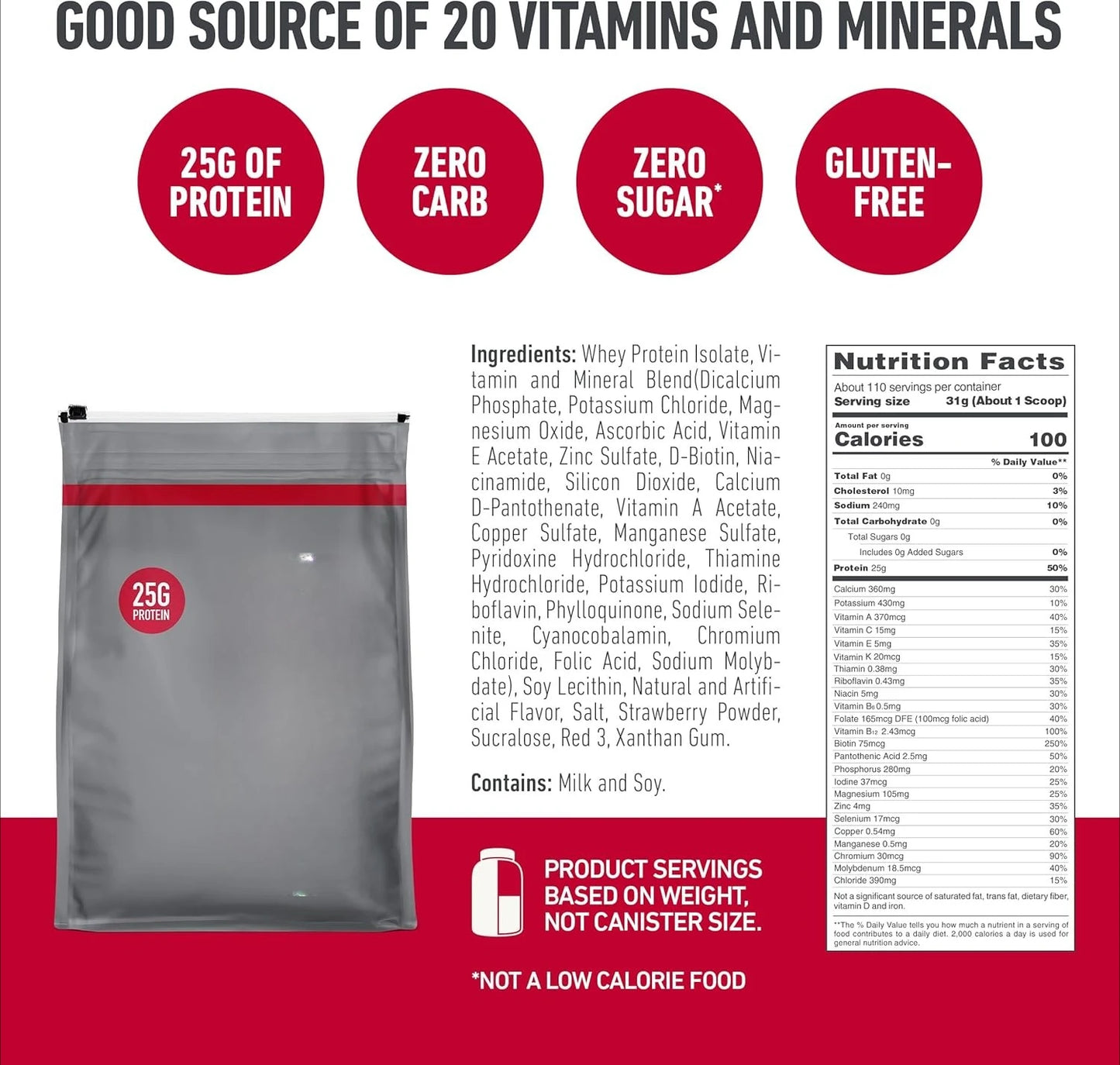 Zero Carb 100% Pure Whey Isolate Protein Powder, Gluten Free, With Vitamins, Strawberries & Cream (Packaging May Vary)