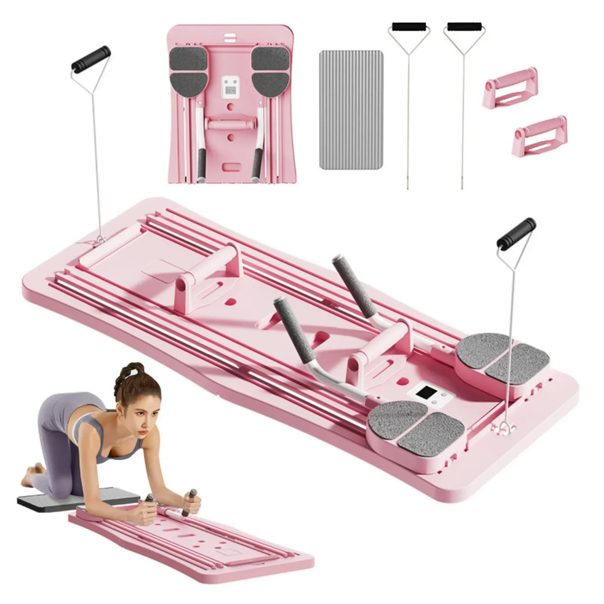 Pilates Sliding Board Foldable Fitness Reformer Platform Home Workout Equipment with Resistance Bands Abdominal Leg Training Machine Multifunctional Yoga Exercise Board Portable Full Body Workout Pilates Board