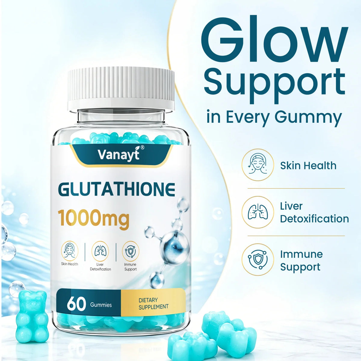 Vanayt Glutathione 1000mg Gummies Hydrolyzed Collagen Vitamin C 60Pcs Skin Health Liver Detox Immune Support Dietary Supplement