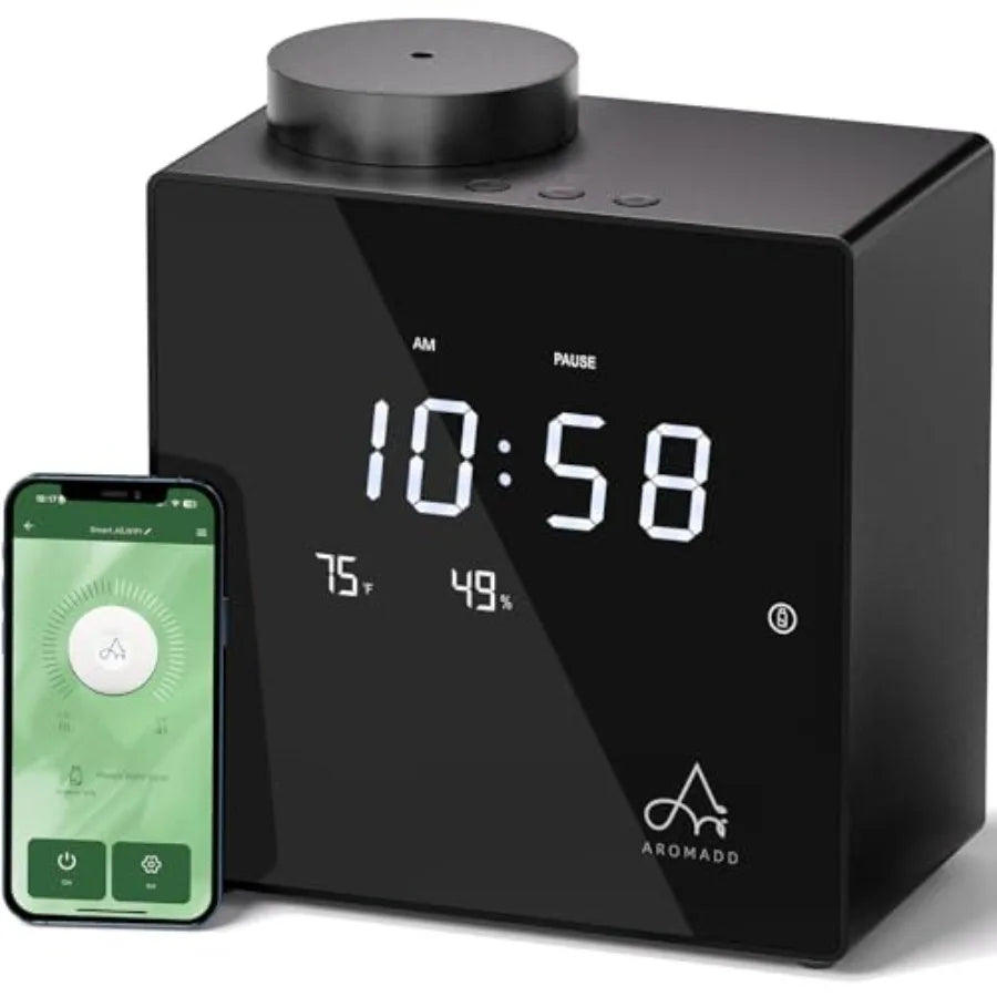 Smart waterless diffuser for home and large rooms, black ABS plastic, 2000 sq.ft coverage, cold air scent diffusion with clock