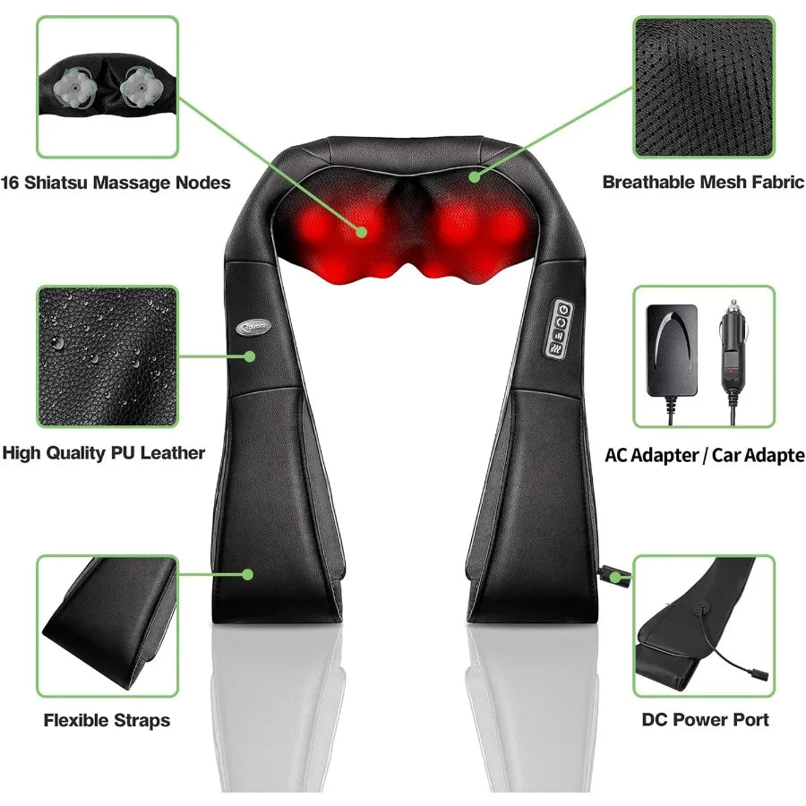 Electric Shiatsu Back Neck and Shoulder Massager with Heat for Deep Tissue 3D Kneading Full Body Relief for Legs Feet and Muscl