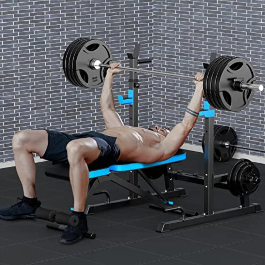 Adjustable Weight Bench with Squat Rack for Home Gym Full-Body Workout Steel Black Two-Piece Set Bench Press Stand Barbell Rack