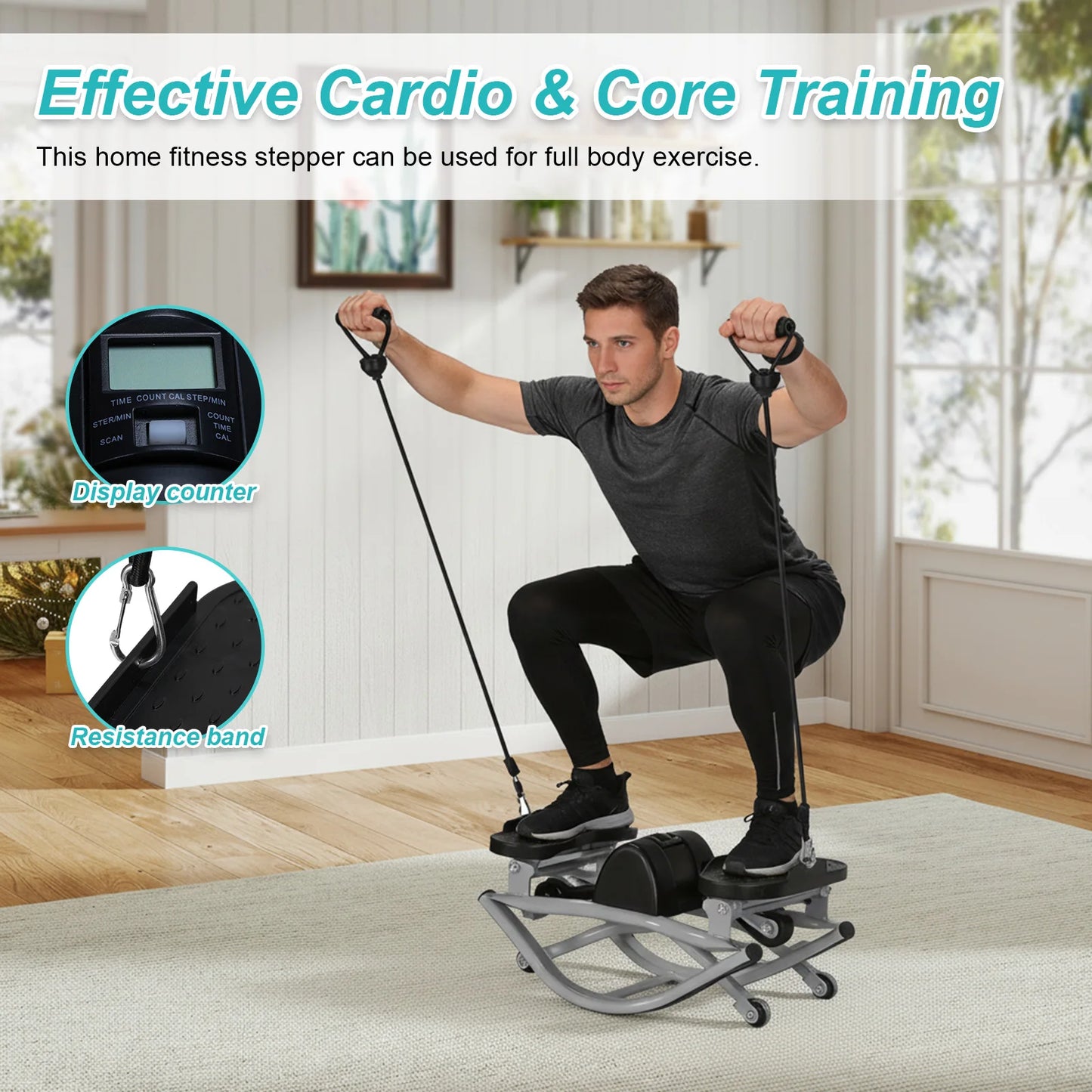 Rock Stepper Machine with Digital Display & Resistance Bands 250 LBS Weight Capacity for Knees Joints Legs Glutes Abs