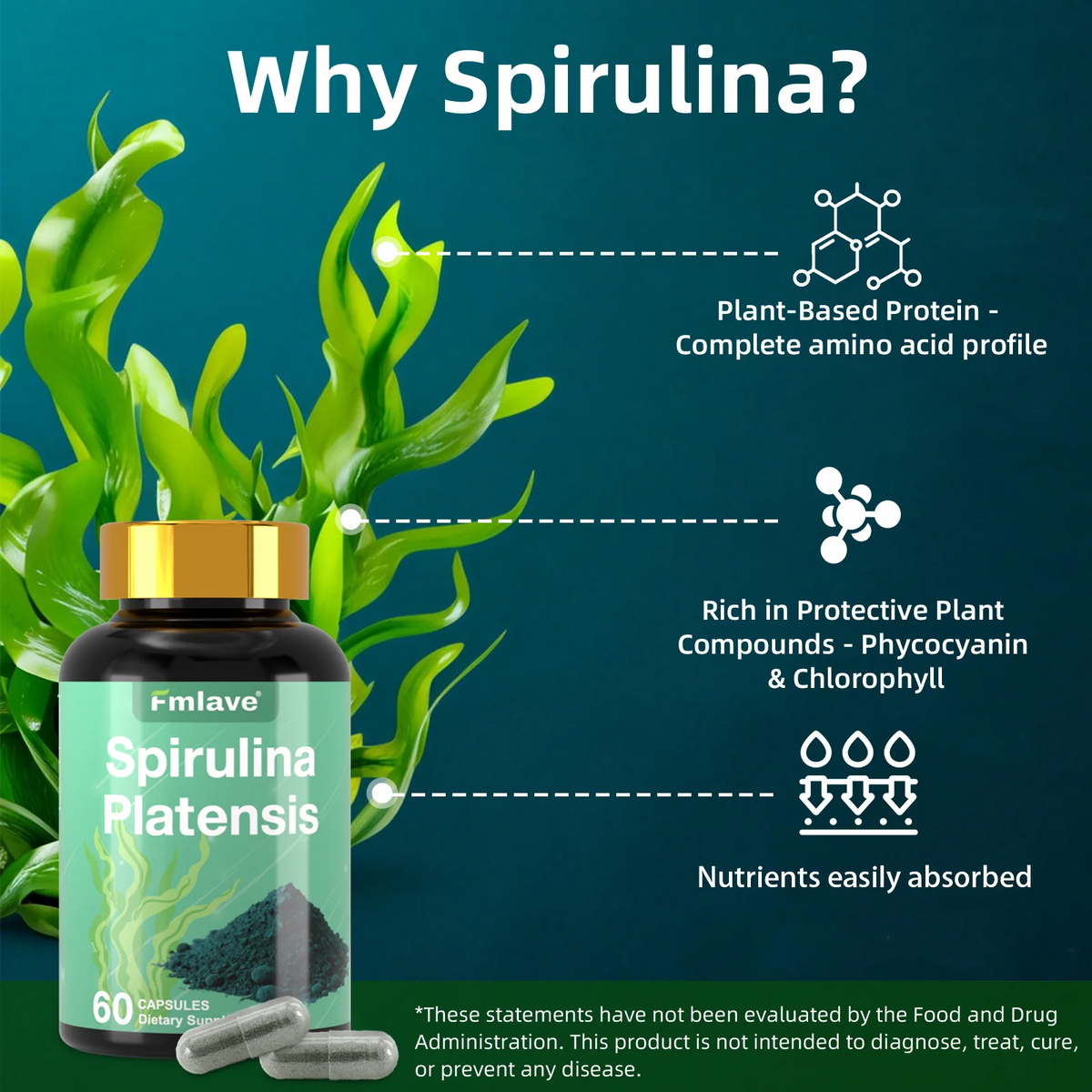 Fmlave Supplements Organic Spirulina - Protein Rich Blue Green Algae Superfood Supplement for Energy and Immune Support, 60 Vegetarian Capsules