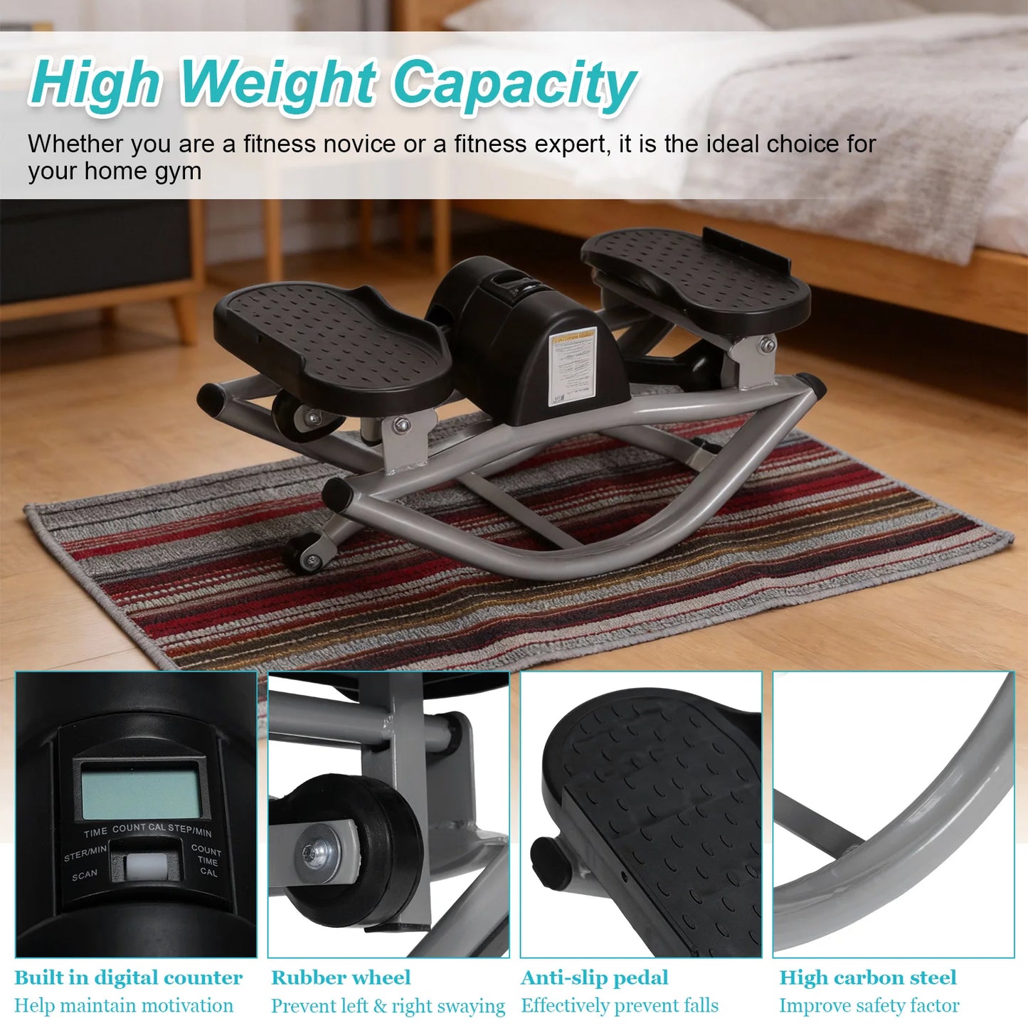 Rock Stepper Machine with Digital Display & Resistance Bands 250 LBS Weight Capacity for Knees Joints Legs Glutes Abs