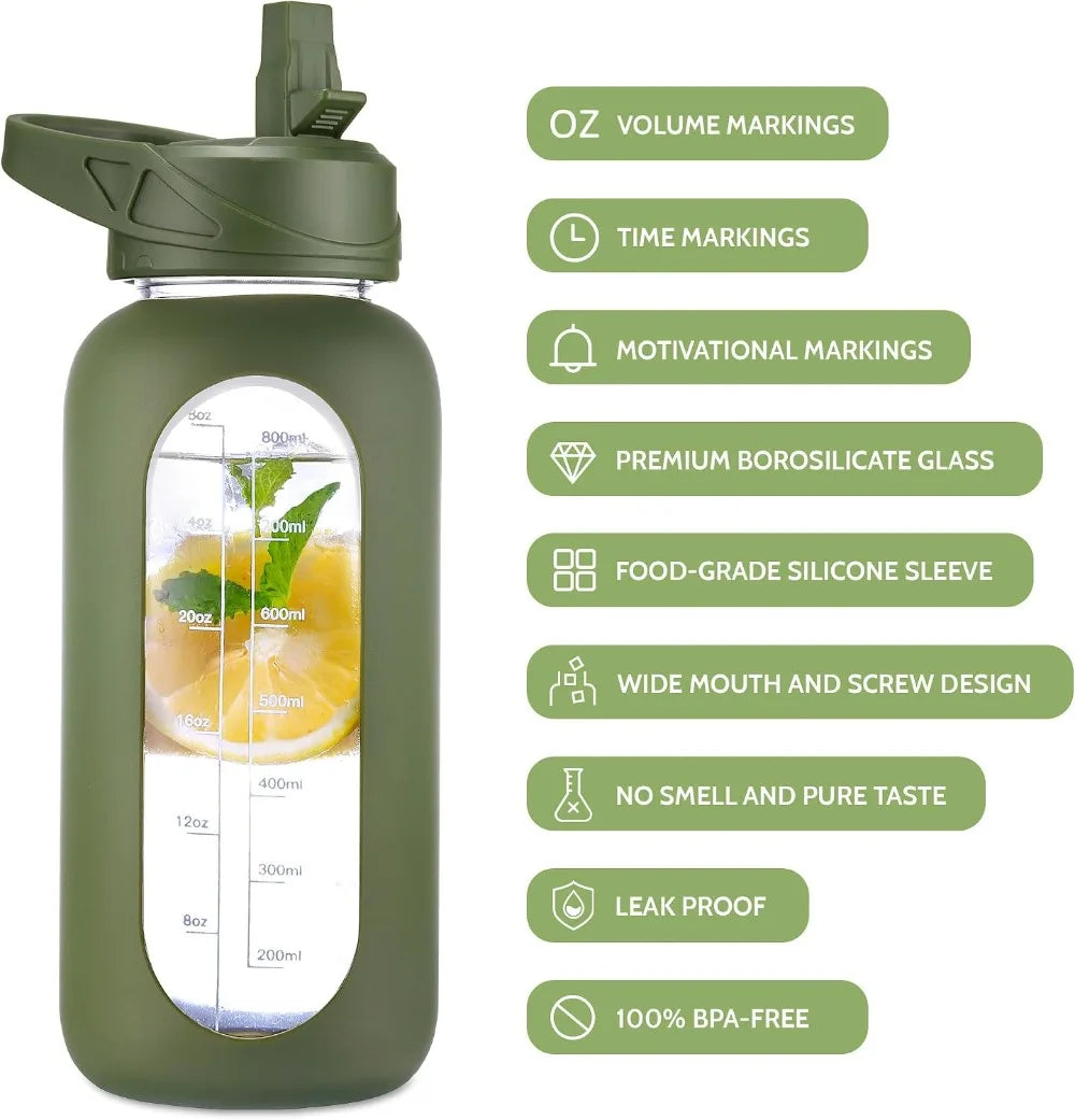 64 oz Glass Water Bottle with Straw, Time Marker, Insulated Holder, 2 Lids