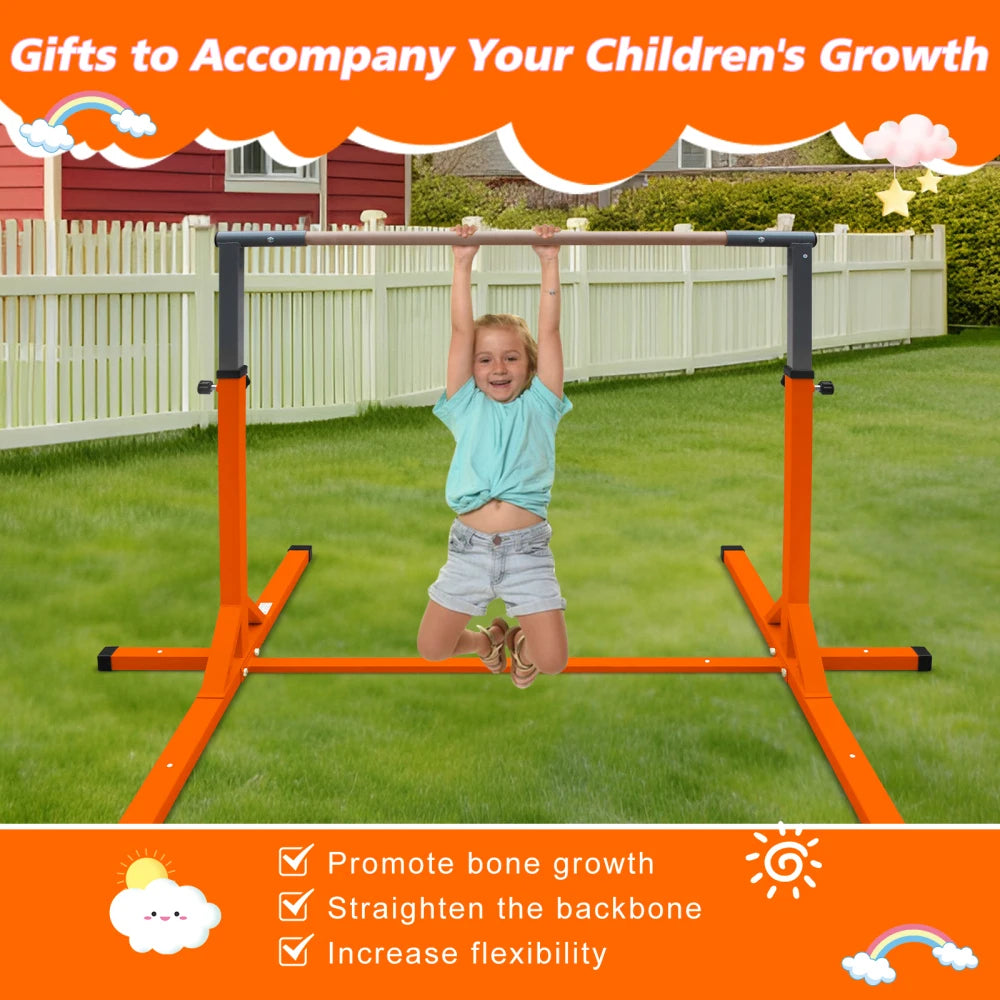 Adjustable Height Orange Gymnastics Bar for Kids Aged 3+ for Home Junior Training Kip Bar