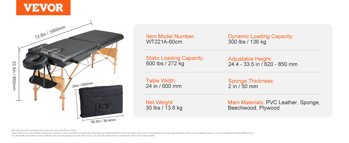 VEVOR Portable Massage Table Folding Lightweight Adjustable Salon Tattoo Bed for Massage Center Spa Therapy Clinic Home Beauty