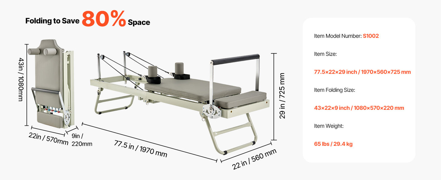 SucceBuy Foldable Pilates Reformer Pilates Workout Machine for Home Gym Studio Use Pilates Bed with Dual Resistance-Spring&Cord