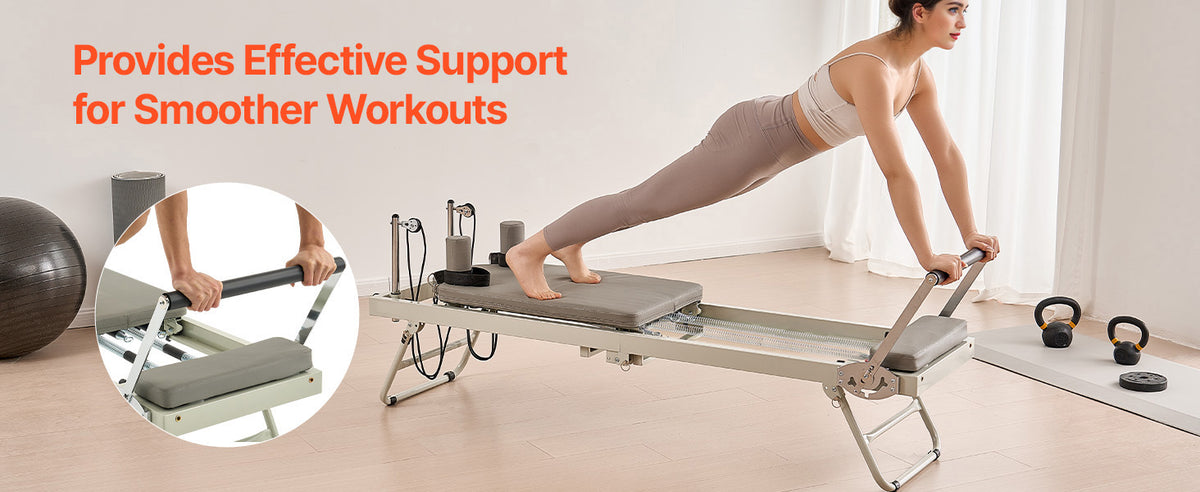 SucceBuy Foldable Pilates Reformer Pilates Workout Machine for Home Gym Studio Use Pilates Bed with Dual Resistance-Spring&Cord