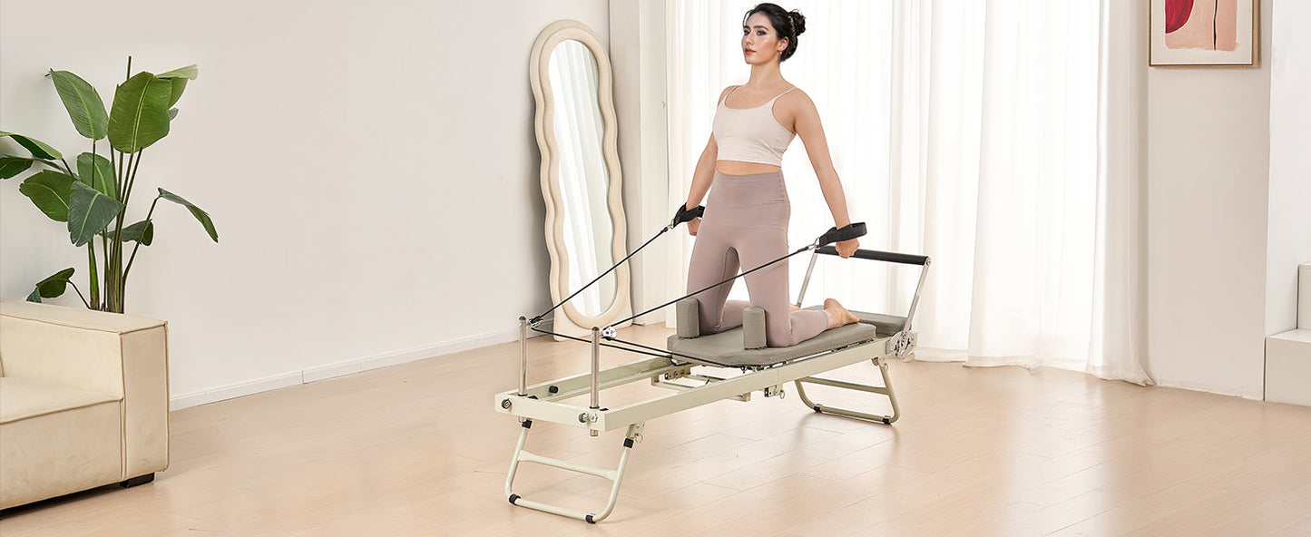 SucceBuy Foldable Pilates Reformer Pilates Workout Machine for Home Gym Studio Use Pilates Bed with Dual Resistance-Spring&Cord