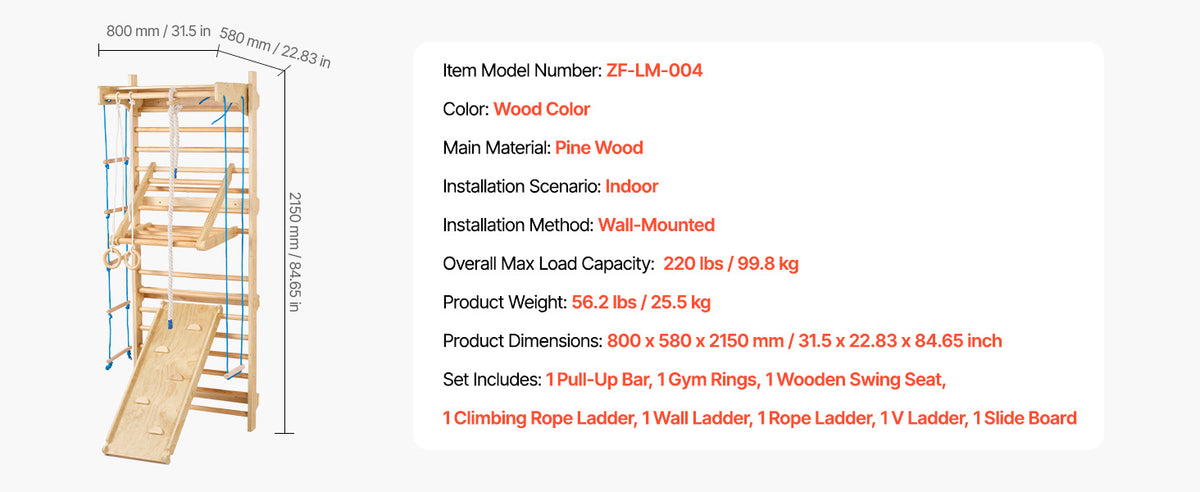 SucceBuy 220lbs Swedish Ladder Wall Gym Solid Wood Indoor Jungle Gym for Kid Gymnastic Stall Bars w/ Pull-Up Bar for Boys Girls
