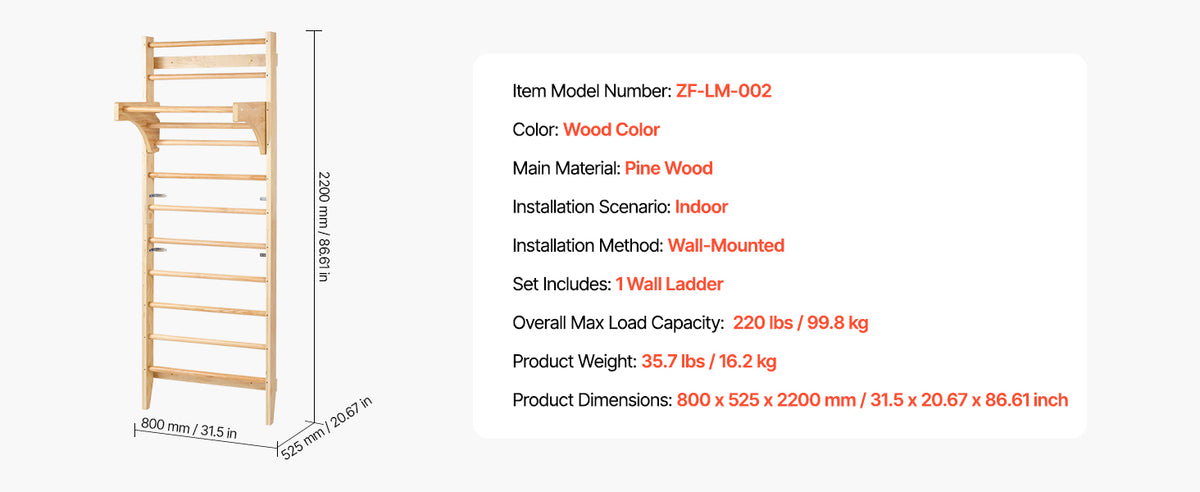 SucceBuy 220lbs Swedish Ladder Wall Gym Solid Wood Indoor Jungle Gym for Kid Gymnastic Stall Bars w/ Pull-Up Bar for Boys Girls