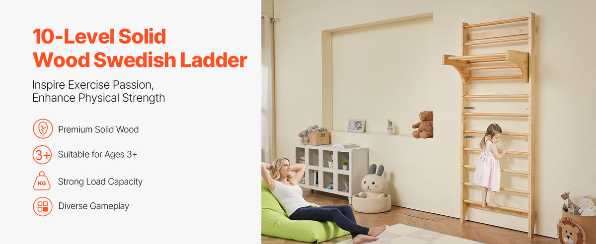 SucceBuy 220lbs Swedish Ladder Wall Gym Solid Wood Indoor Jungle Gym for Kid Gymnastic Stall Bars w/ Pull-Up Bar for Boys Girls
