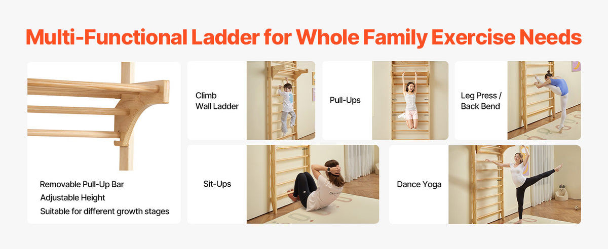 VEVOR 220lbs Swedish Ladder Wall Gym Solid Wood Indoor Jungle Gym for Kid Gymnastic Stall Bars w/ Pull-Up Bar for Boys Girls