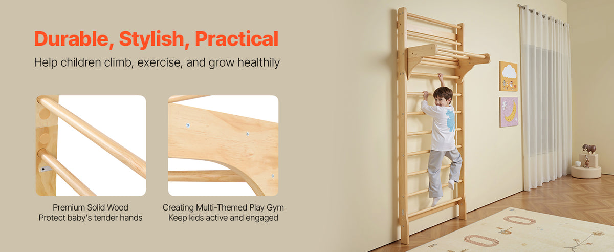SucceBuy 220lbs Swedish Ladder Wall Gym Solid Wood Indoor Jungle Gym for Kid Gymnastic Stall Bars w/ Pull-Up Bar for Boys Girls